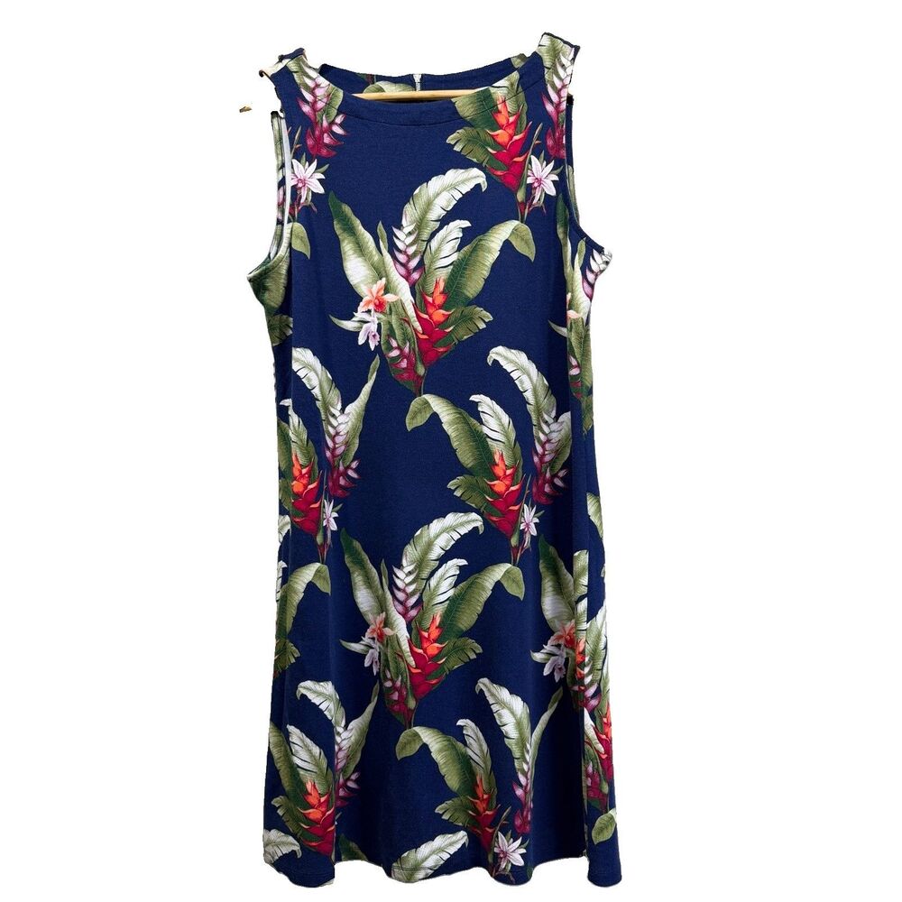 TOMMY BAHAMA Womens Size L Tropical Print Navy Back Zip Sleeveless Shift Dress
